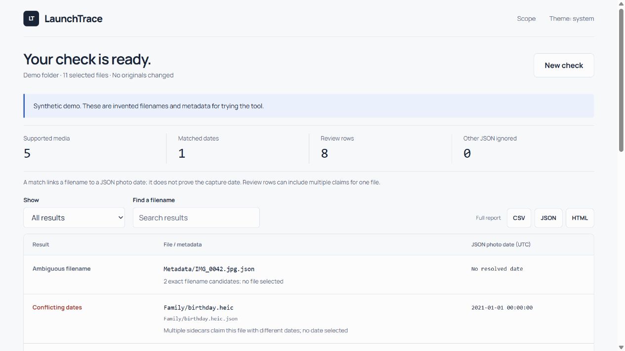 LaunchTrace browser checker showing date-match counts and unresolved entries from its synthetic demo